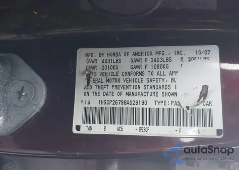 2008 Honda Accord 2.4 Ex z USA, uszkodzony, nr VIN 1HGCP26798A029190